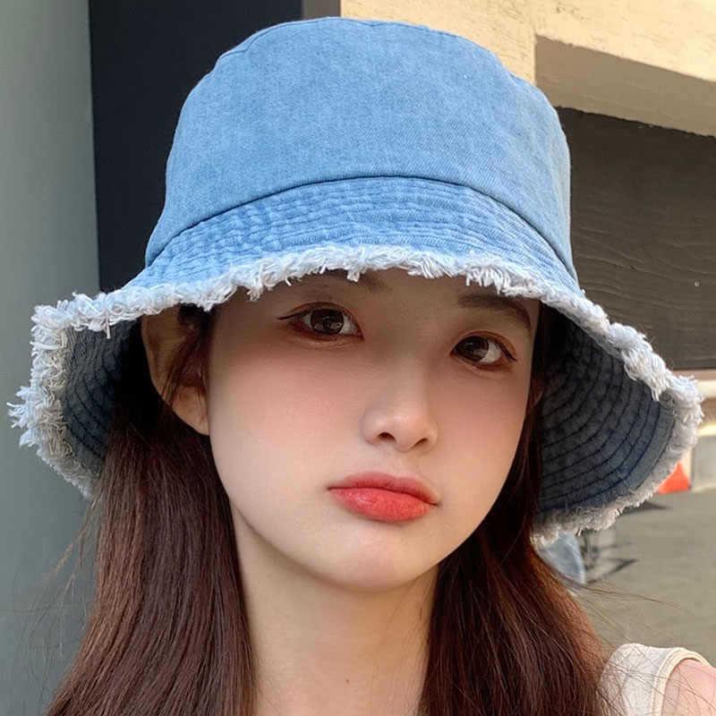 Women's Retro Distressed Denim Bucket Hat - Versatile, Casual Sunshade for Spring & Autumn