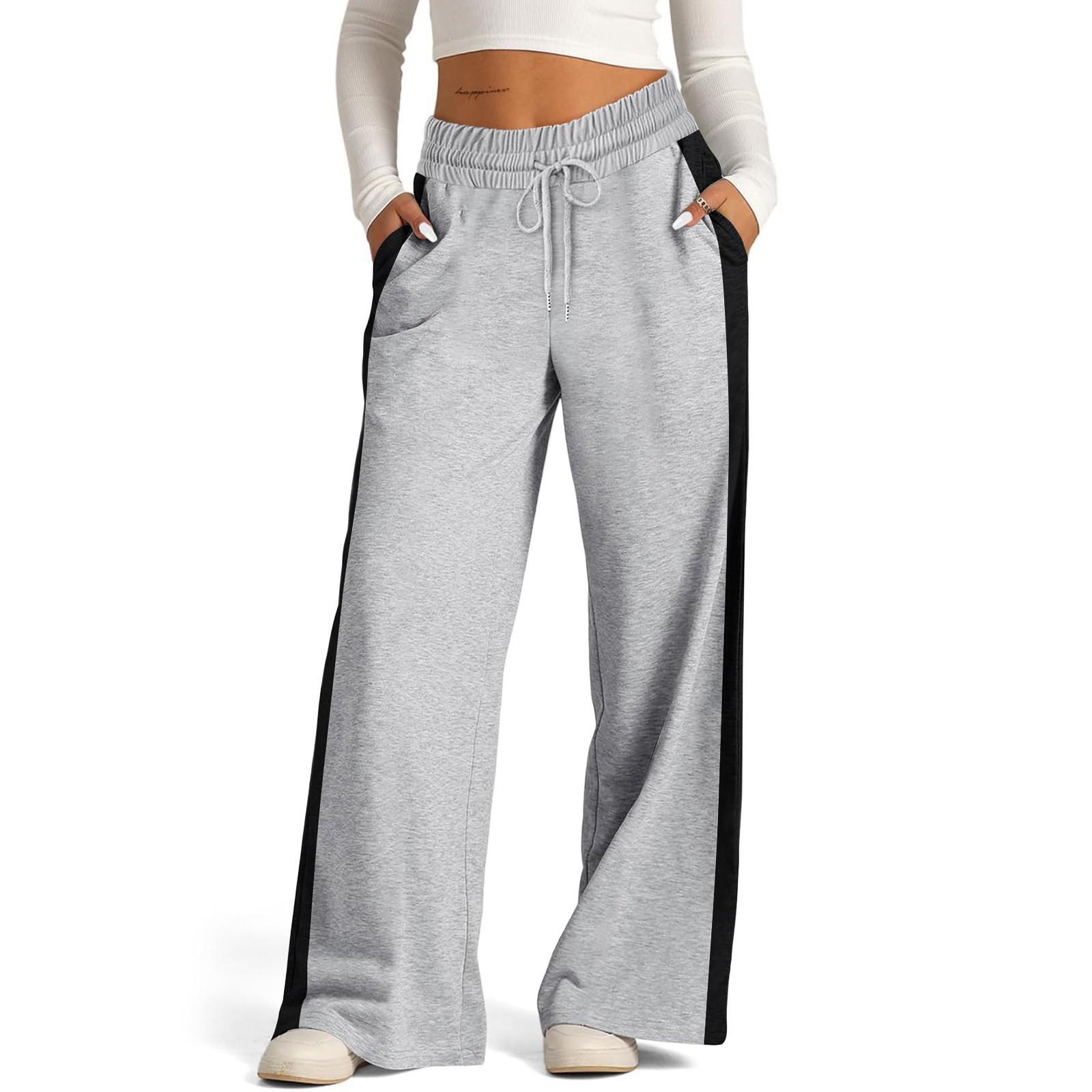 

Women s Casual Fashion Solid Color Elastic Waist Drawstring Pockets Wide Leg Straight Pants XL