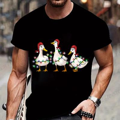 Herr T-shirt Casual Rolig Anka Jultomtehatt Julbelysning Tryck T-shirts Lös Rundhalsad Topp för Män Mode Manlig T-shirt Kläder