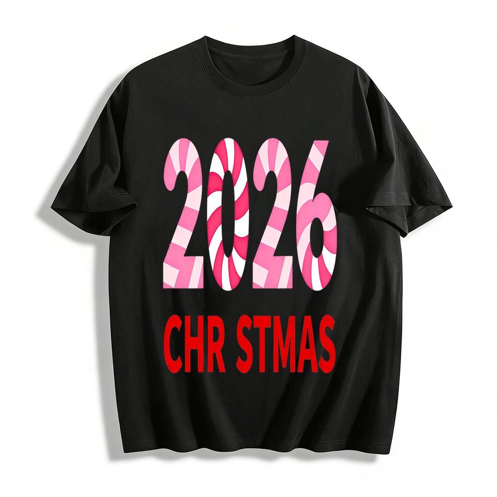 2026 Pink White Stripe Christmas Number Print Casual Top Pure cotton T-shirt XXS