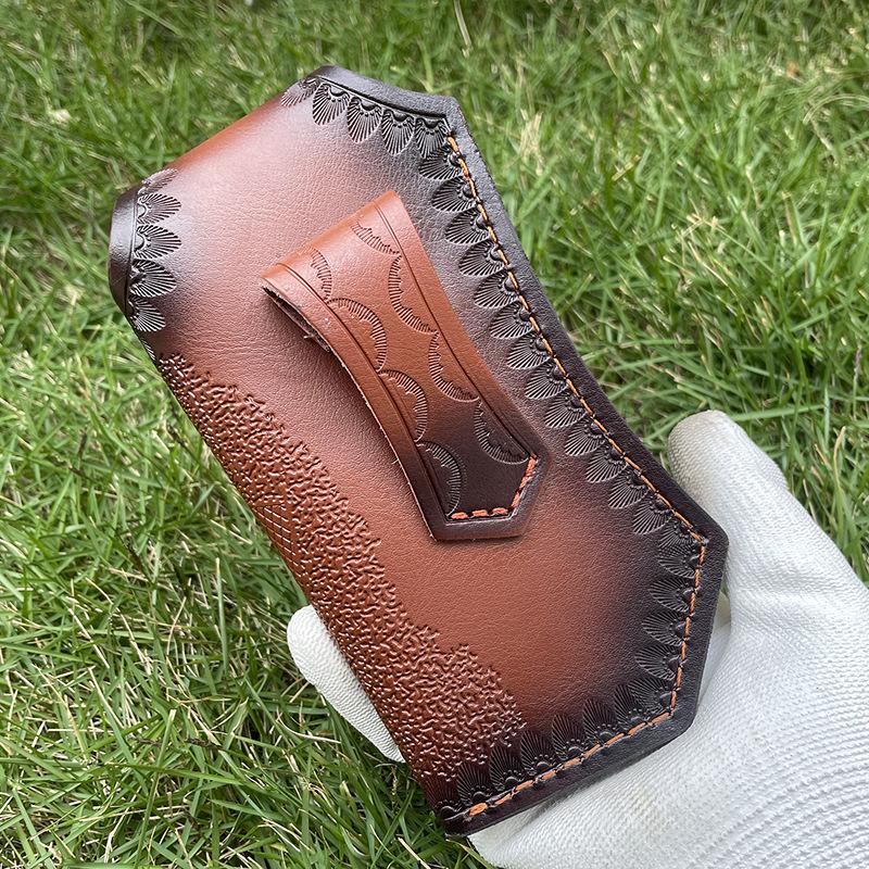 Foling Knife Holder Embossed Cowhide Scabbard Pocket  Knife Cover Second Layer Leather Case Camping Knife Holsters Belt Buckle