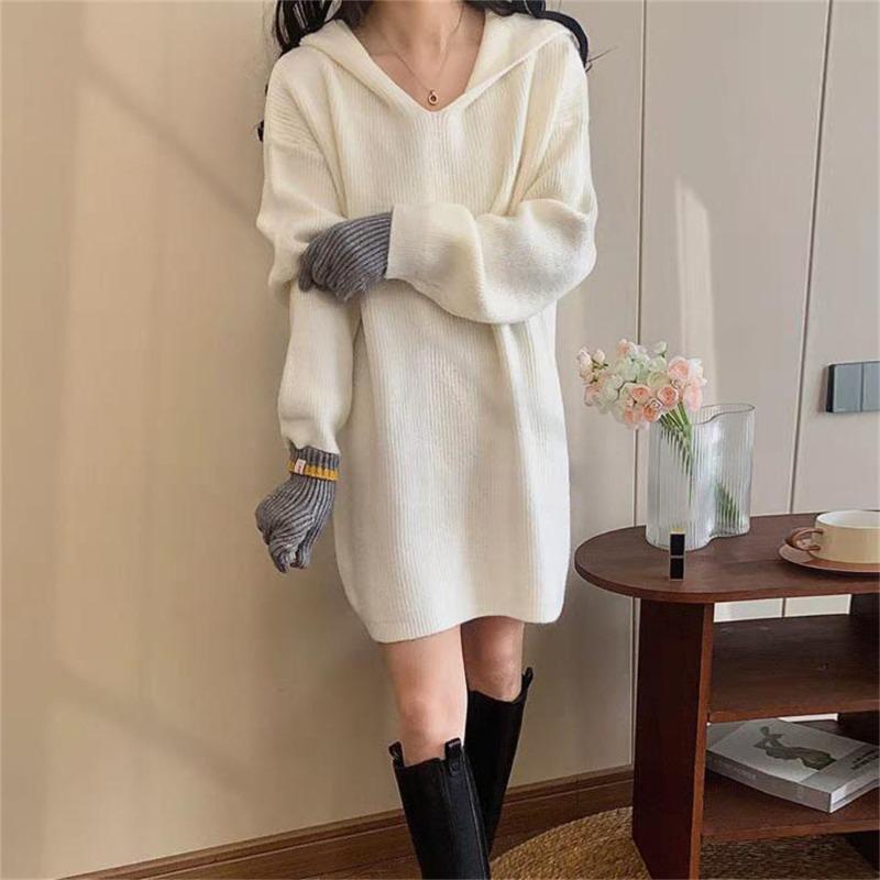 Temperament Medium and Long Hooded Knitted Sweater Top Women's Autumn and Winter New Loose and Thin Solid Color Pullover Sweater Women
