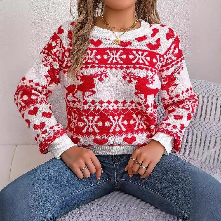 Vintage Christmas Sweater Knitwear Loose Long Sleeve Top Print Cardigan O Neck Autumn Winter