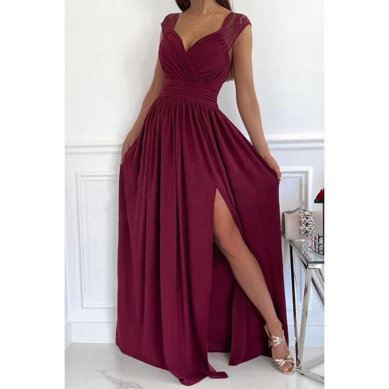 Women's Lace Trim Sweetheart Neck Sleeveless High Slit Maxi Dress Elegant Evening Party Gown