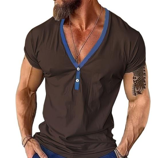 

Sport Men Top Buttoned V Short Sleeves Pullover Color Matching Neck Slim Fit Thin Casual Daily Commute School M чёрный