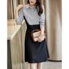 Women's Striped Lapel Long Sleeve Midi Dress