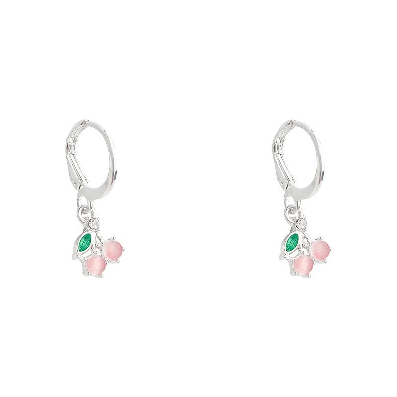 Sweet and cool girl heart cherry ear buckle female versatile temperament pink opal earrings small fresh and simple ear jewelry