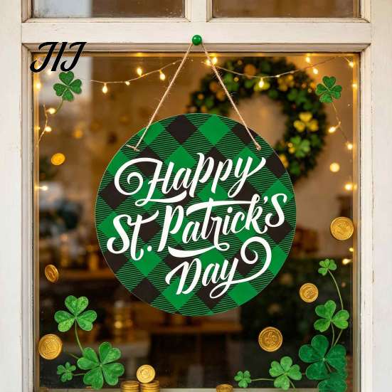 Decorative Clover Wooden Board St. Patrick's Day Door Sign, Luck Green Hat Themed Hanging Shamrock Ornament Plaque, Ornaments for Holiday Front Porch