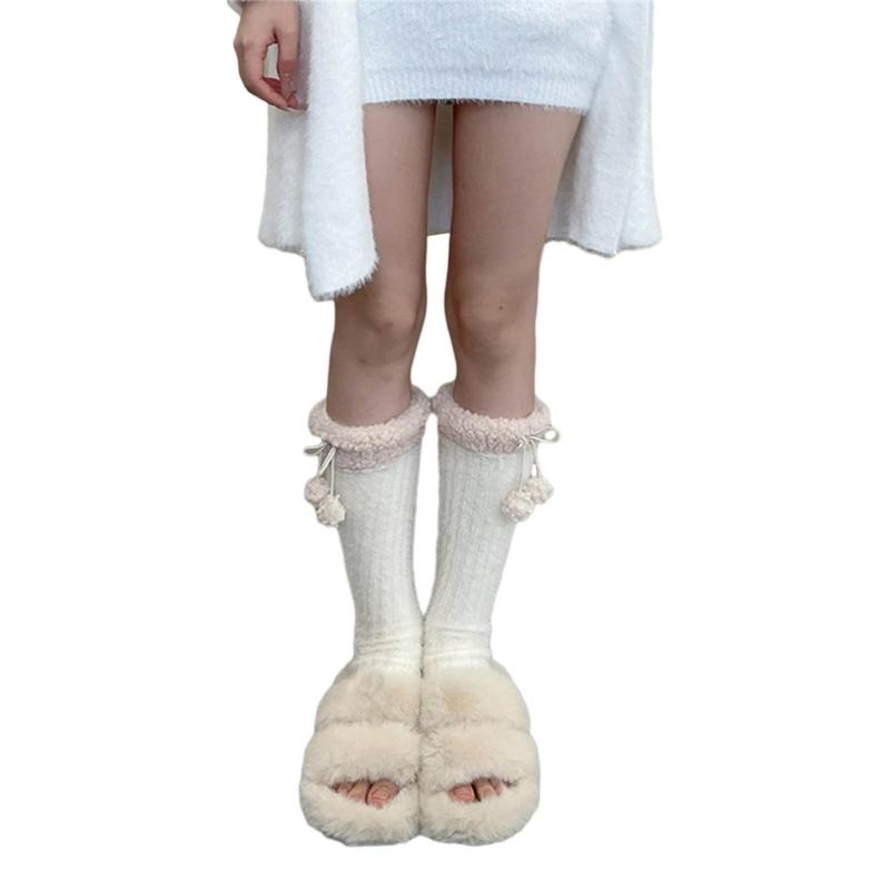 Winter Warm Coral Fleeec Ribbed Knit Leg Warmers Sweet JK Girl Furry Trim Cute Bowknot Leg Cover Long Socks for Women One Size