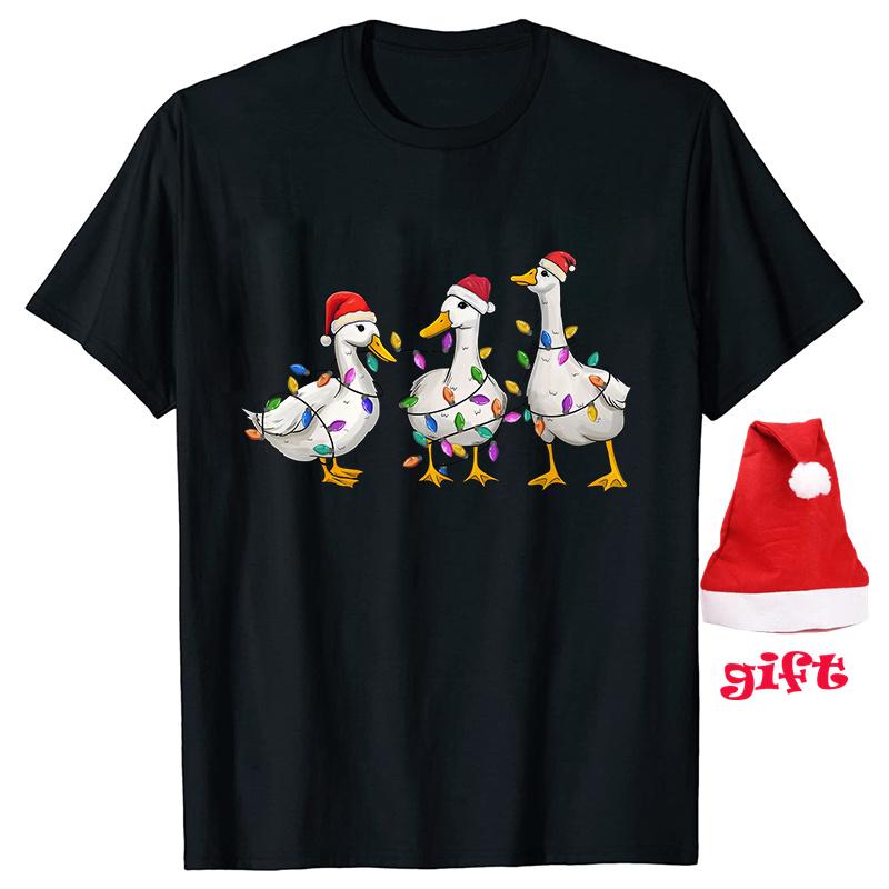 Funny Duck Christmas Print Tops Fashion Women Firends Xmas Party Tees Graphic Tops with Christmas Hats Female Clothing T-shirt