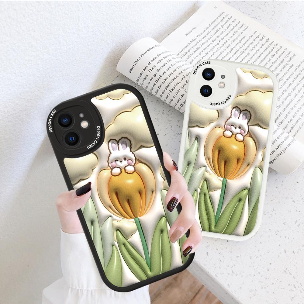 Slim Skin Feeling Cartoon Flower Rabbit Soft Silicone PU Leather Cover Phone Case for iPhone Samsung Huawei Honor Xiaomi Redmi OPPO Realme Vivo