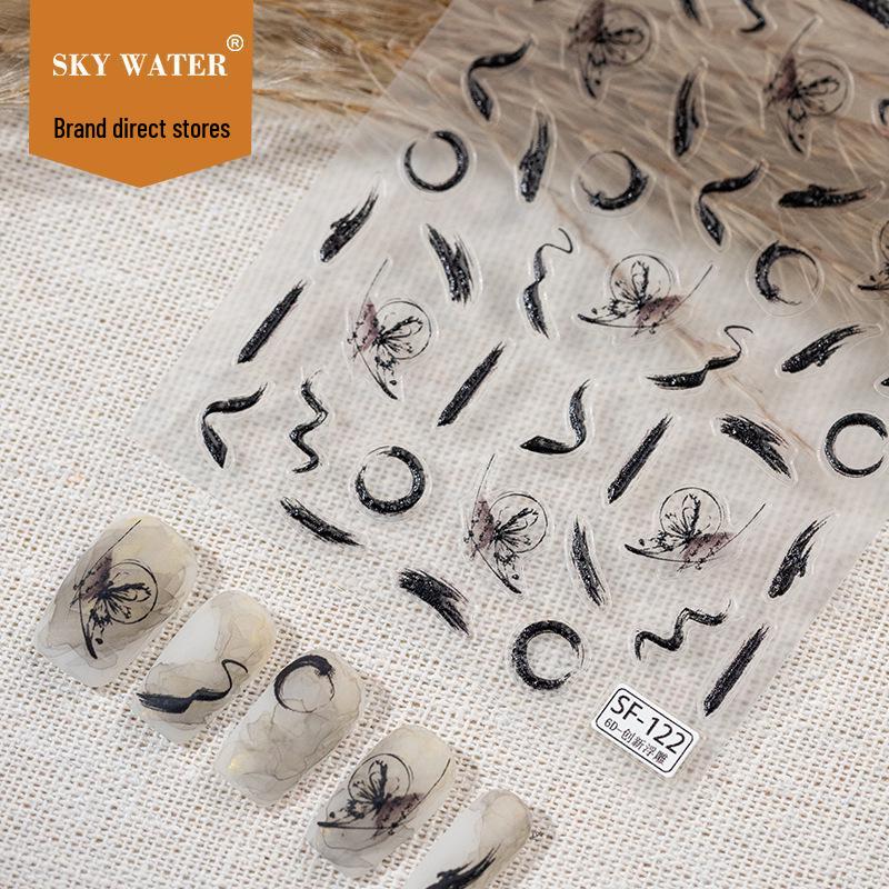 SKY Ink Painting Chinese Nail Art Stickers – Irregular Mural & Embossed Butterfly Design
