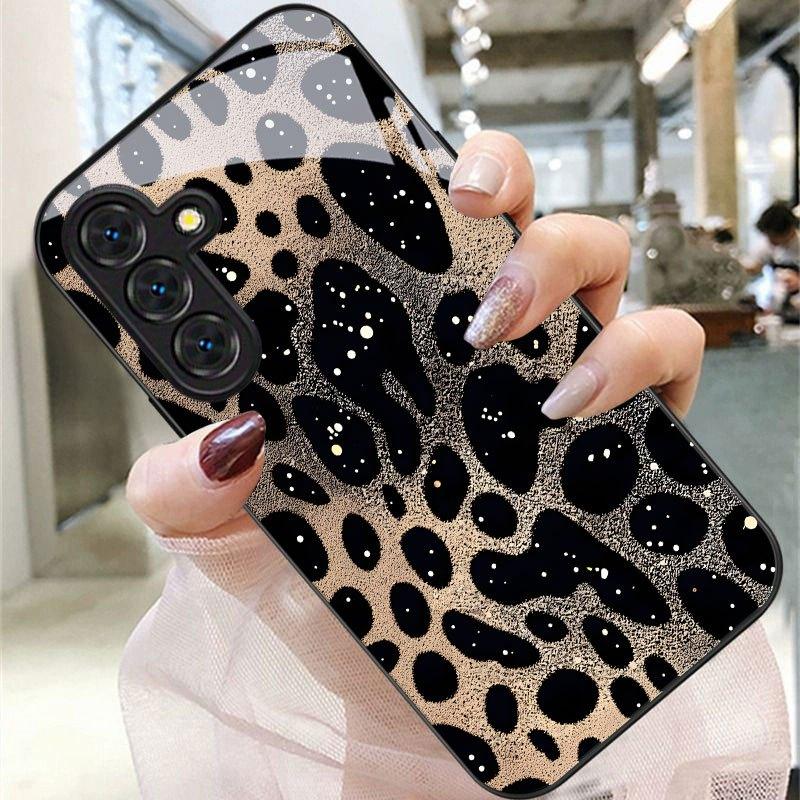 Leopard Print Pattern Glass Phone Case Suitable for Samsung Galaxy S26 S25 S24 S23 S22 S21 S20FE/Ultra/Plus Anti Drop Back Cover