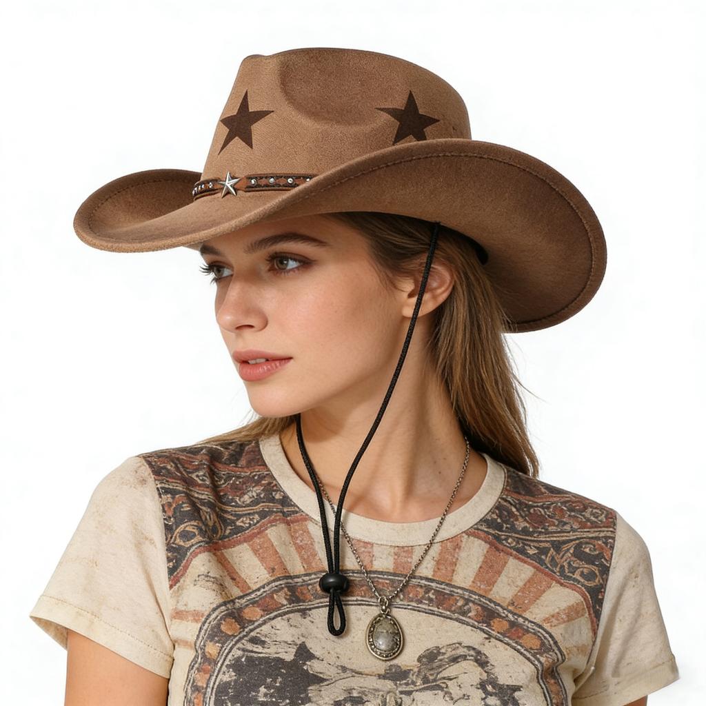 Western-style Tibetan Cowboy Hat for Men and Women, with Five-pointed Star Print, Faux Suede, Rivets, Wide Brim, Outdoor Riding Sun Protection Hat