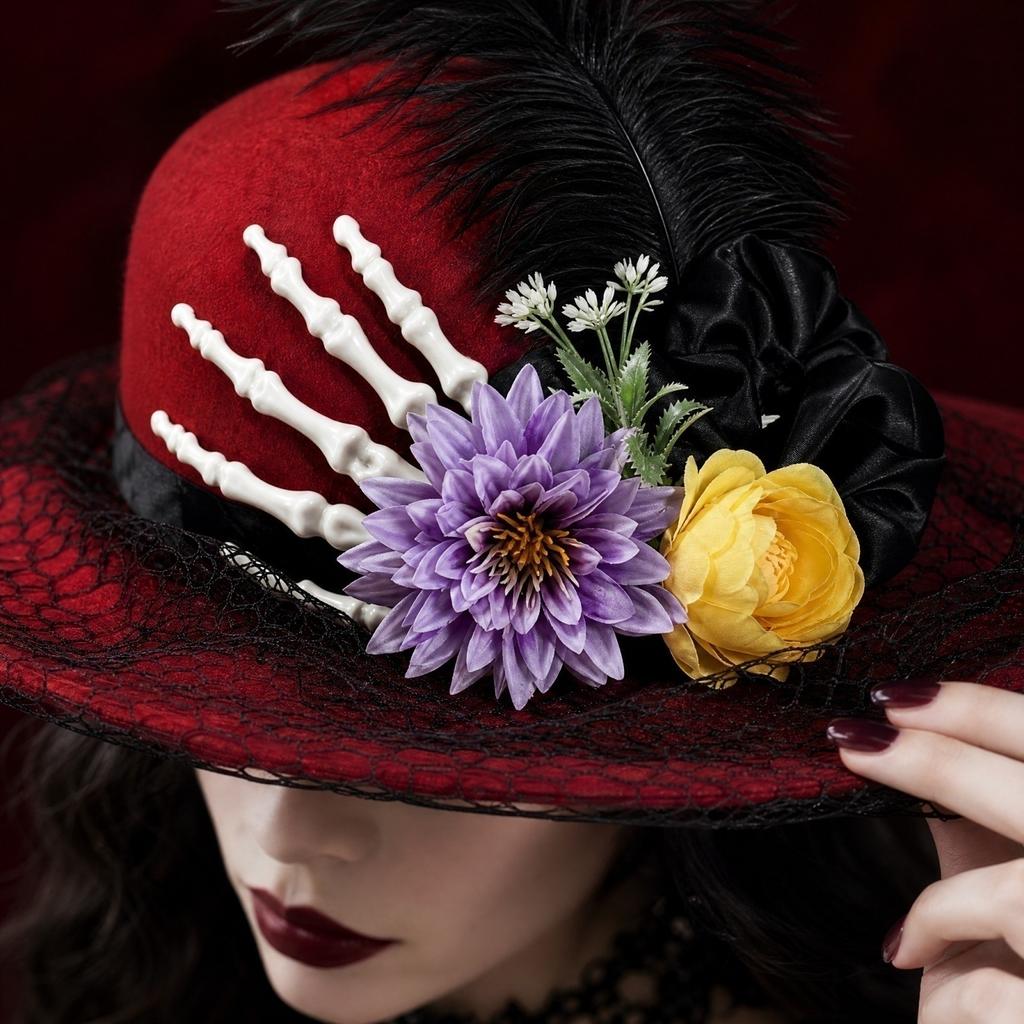 Halloween Red Hat with Skeleton Hand and Flower Decoration, Mesh for Costume Party