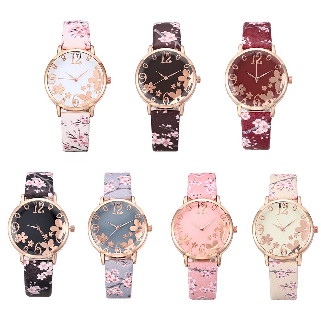 Women Flowers Printed Leather Belt Ladies Quartz Watch Wristwatch