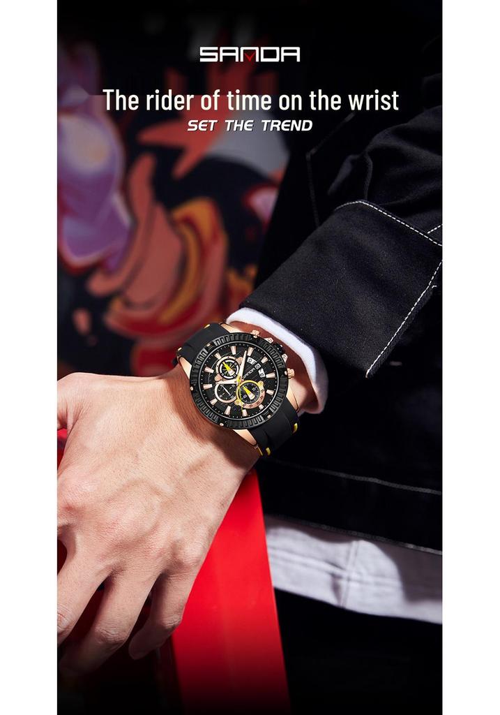 Sanda Men's Classic Quartz Wristwatch with Silicone Band, Three Sub-dials, Calendar & Luminous Markers.