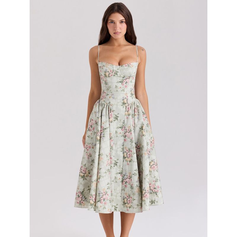 Flower Jin Li Fog House Same Style French Style Vacation Gentle Floral Square Collar Waist-Tight Mid Length Long Length Sling Dress