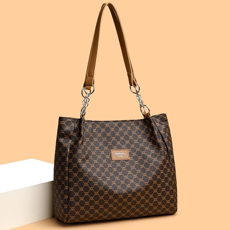 Women's Retro Fashion PU Soft Leather Commuter Large Capacity Tote Bag Fashionable Women's Old Flower Pattern Shoulder Bag