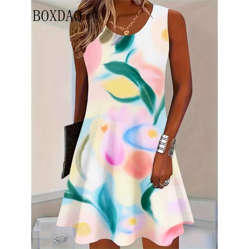 2026 Summer Printed Dresses Women's Fashion Sleeveless Holiday Beach Casual O Neck Party Vests Plus Size Dresses Loose Sundress