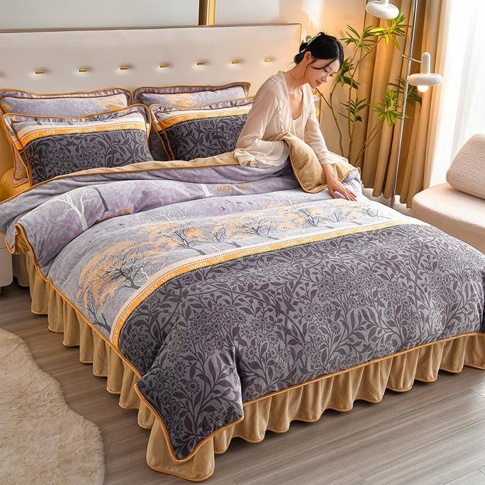 Thickened Milk Fleece Four-Piece Coral Fleece Quilt Cover, Bed Sheet Fleece Double-Sided Fleece Flannel Bedding, Bed Skirt