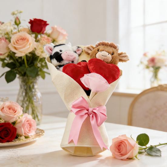 Valentine's Day Plush Toy Bouquet Cute Stuffed Animal with Flower Arrangement Gift for Girlfriend Wife Birthday Anniversary Festive Supplies