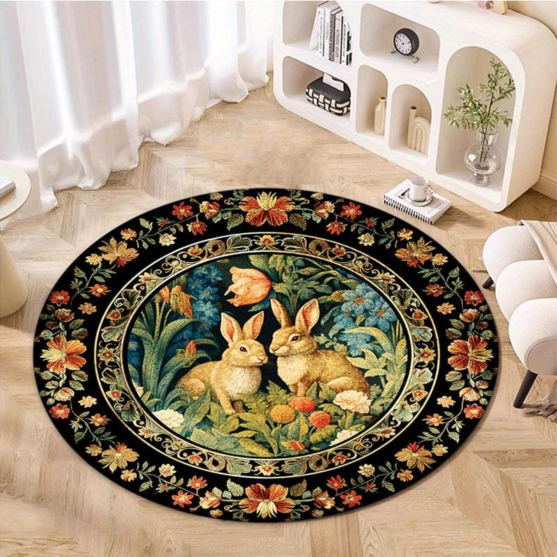 Easter Retro Floral Rabbit Pattern Round Area Rug Bedroom Living Room Garden Decor Living Room Carpet Decorative Floor Mat