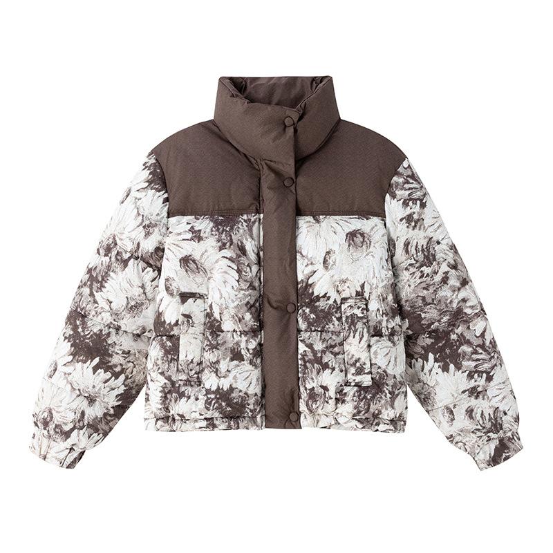Abrigo Corto Estampado con Cuello Alto y Acolchado Grueso de Algodón Chaqueta de Invierno