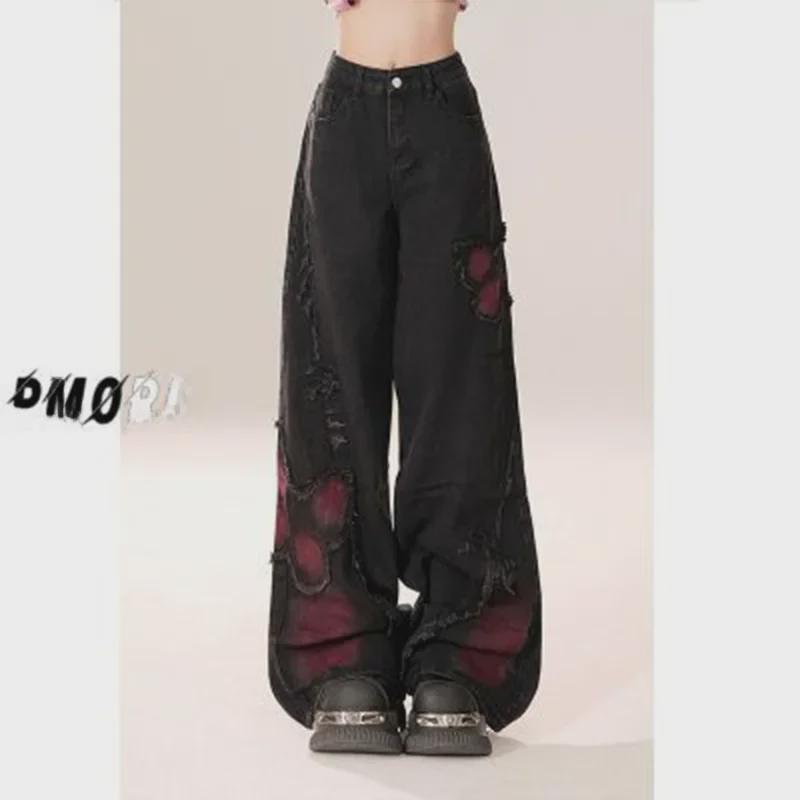 Women's Butterfly Stitch Embroidered Wide-Leg Jeans: Trendy Raw Edge Washed Spring Trousers