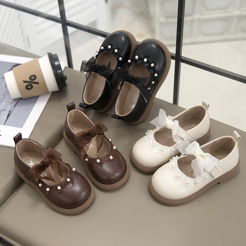 Dětské kožené boty Černé matné Dívčí princeznovské boty Krajkové mašle Sladké kulaté špičky 2025 Nové dětské ploché boty Protiskluzové Měkké Ins