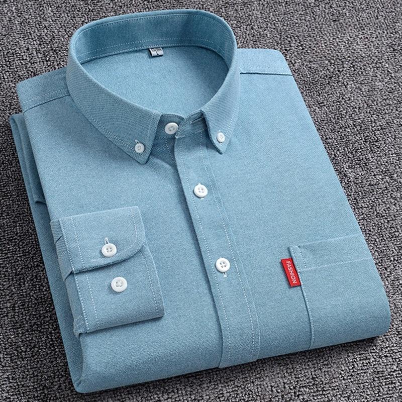 New 100% Cotton Oxford Men Shirts Long Sleeves Plaid Soft Regular Fit Formal Dress Shirt Pocket Social Blouse Male Clothes M-5XL