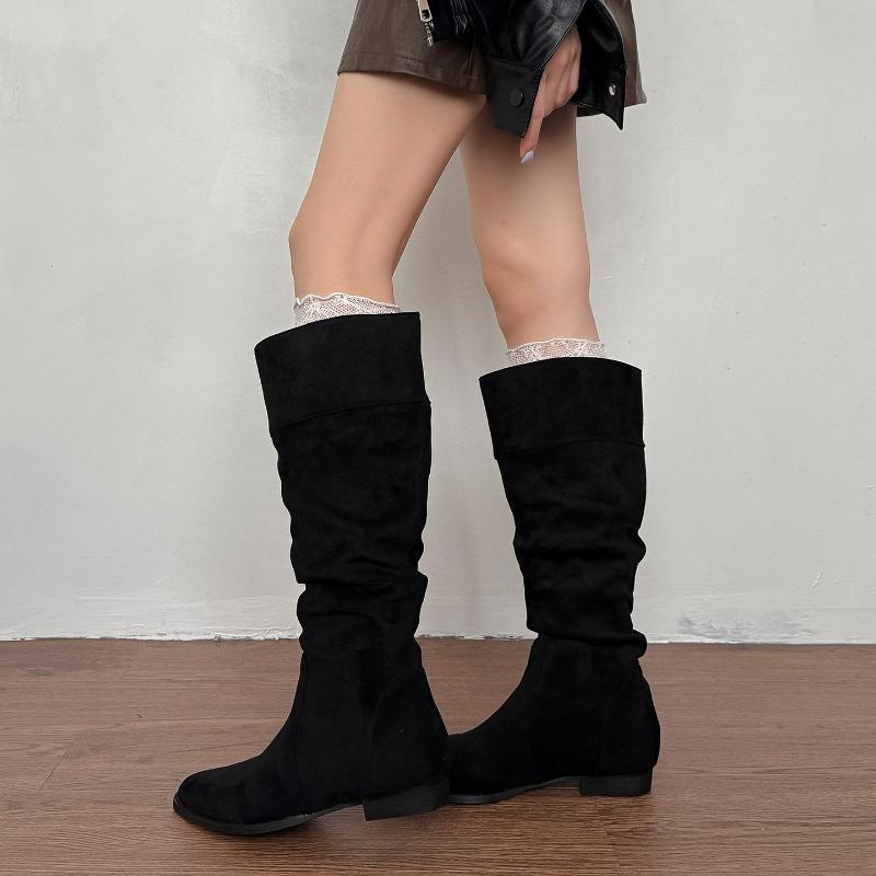 Vintage Pleated Women Knee High Boots Fashion Low Heels Pointed Toe Shoes Autumn Winter Slip On Modern Long Botas Para Mujer