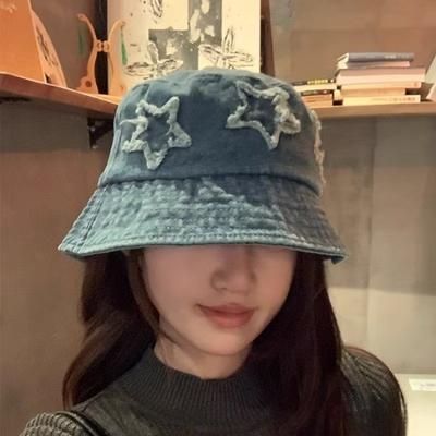 New Five Pointed Star Patch Denim Fisherman Hat For Women, Sweet Retro Street Versatile Bucket Hat