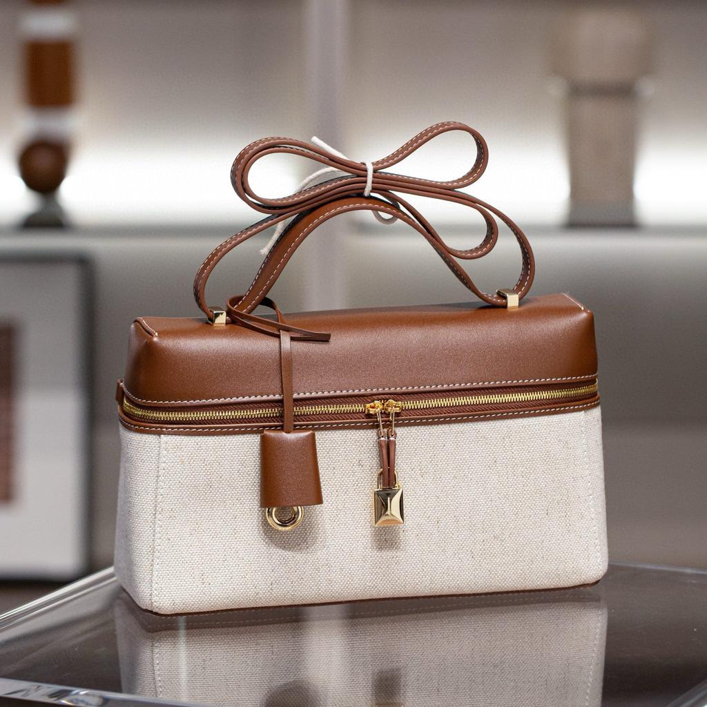 New LP27 Lunch Box Bag, Linen Fetal Cow Pattern Calfskin Box Bag, High-end Single Shoulder Crossbody Handbag, Women's