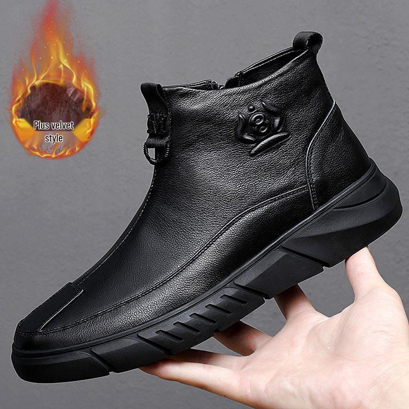 Men s Genuine Cowhide Leather Winter Martin Boots with Velvet Lining 38