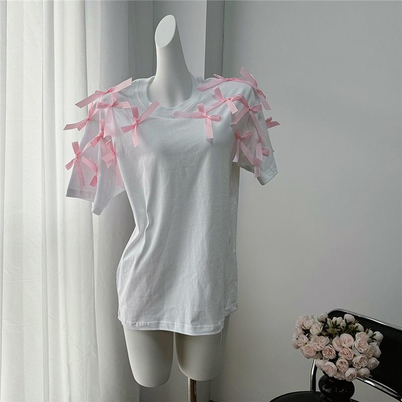 Cute European American Style Ribbon Bow Loose Short Sleeve T Shirt Comfortable Cotton Casual Top For Girls Loose Fit Stylish Upper Wear For Everyday