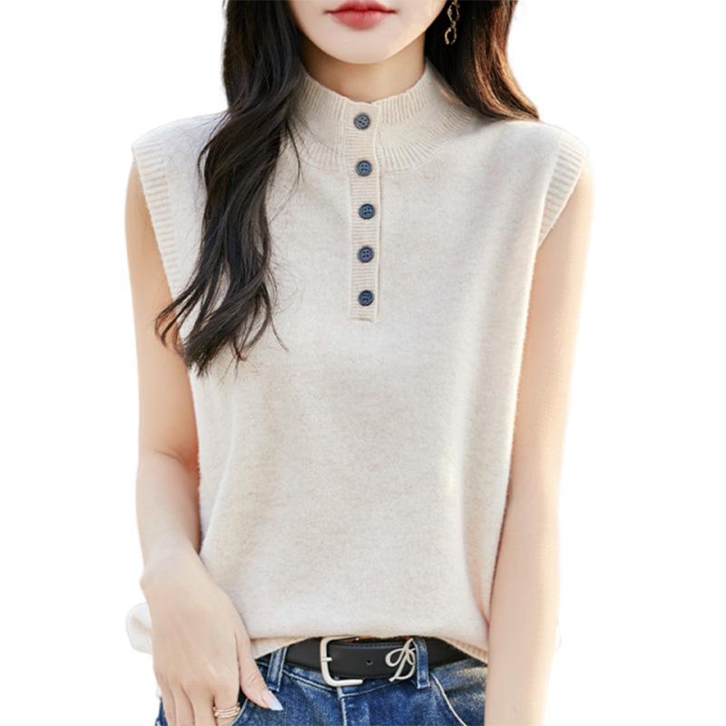 Women's 100% Wool Half-Open Button-Up Knit Vest - Sleeveless, Versatile, Solid Color Pullover with Half-High Collar