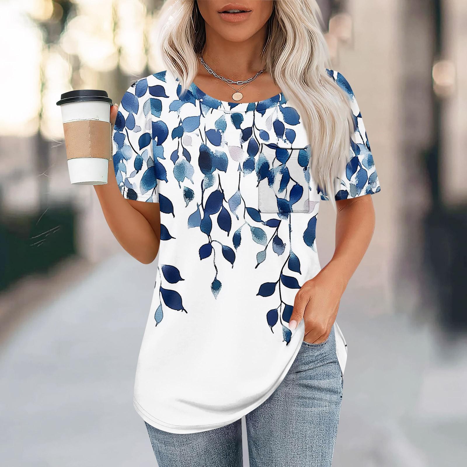 

Футболки для женщин, плиссированные, с круглым вырезом, нарядные, повседневные, блузки с принтом, с коротким рукавом, летние топы, свободный крой XL