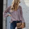 Casual Top V-neck 3/4 Flared Sleeve Solid Color Single Breasted Women Blouse Hollow Out Lace Stitching Loose Shirt
