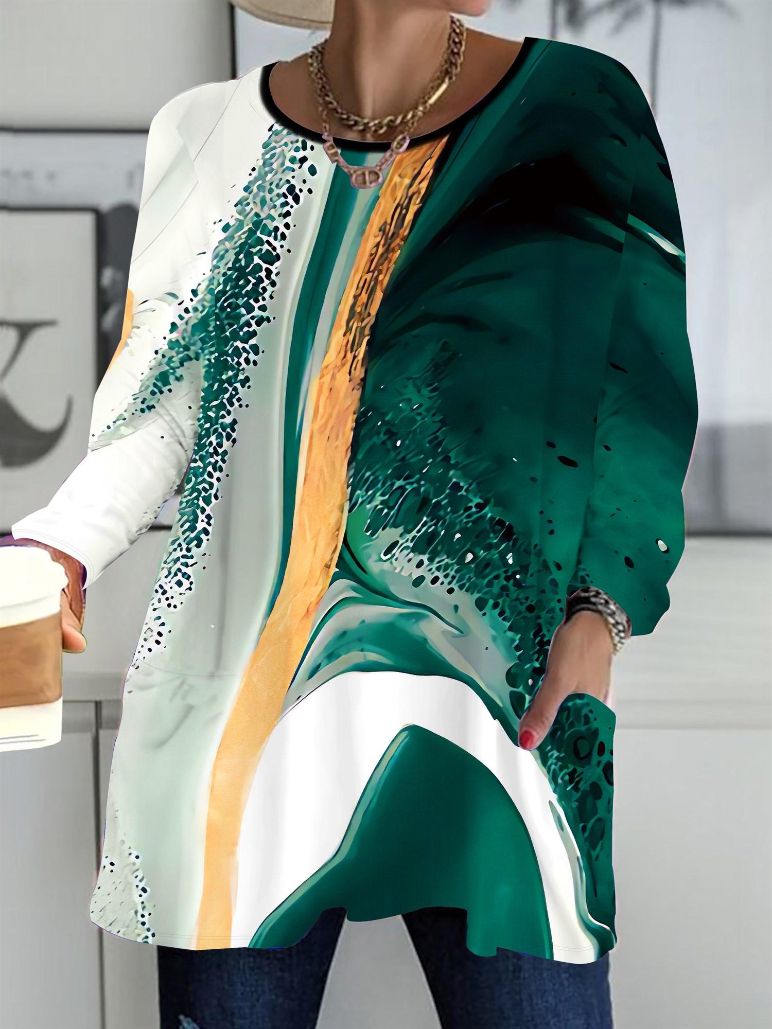 

Осень-Зима 2025 Новые Женские Топы Большого Размера, Модные Футболки с 3D-принтом цветов, с Круглым Вырезом и Длинным Рукавом 6XL зелёный