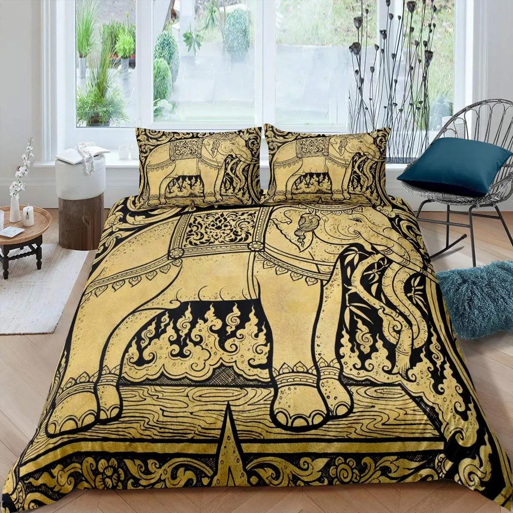 Elephant Soft Duvet Cover Set Ful,Boho Vintage High-End Premium Beding Set Exotic Mplusala Comfortable Quilt Cover Tribal Ethnic Warm Comforter Cover