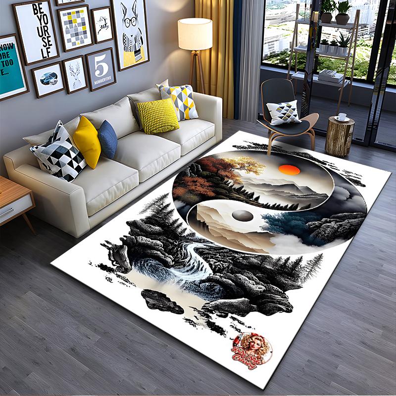 Area Rug, Yin Yang Chinese Landscape Mountains Sun Tree Waterfall Art Print, Living Room Decor, Non-Slip Mat