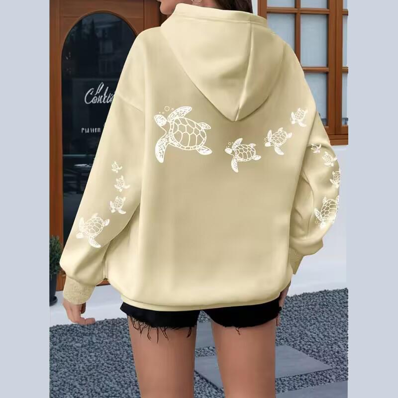 Ladies Spring Autumn Casual Hooded Long Sleeve Big Pocket Sea Turtle Printed Pullover Hoodies Sweatshirt Top