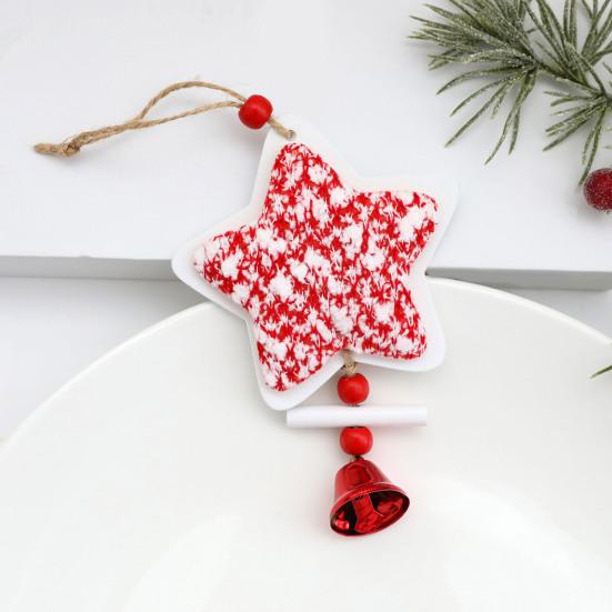 Christmas Wooden Ornaments Red White Heart Bell Star Shaped Hanging Ornament with Bells for Tree Mantel Stair Rail Holiday Decor
