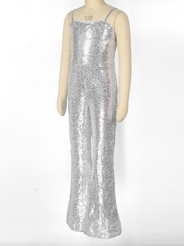Girls Shiny Sequins Jumpsuit Spaghetti Straps Bell Bottom Zipper Design Character Cosplay Costume Movie Role Play Outfit