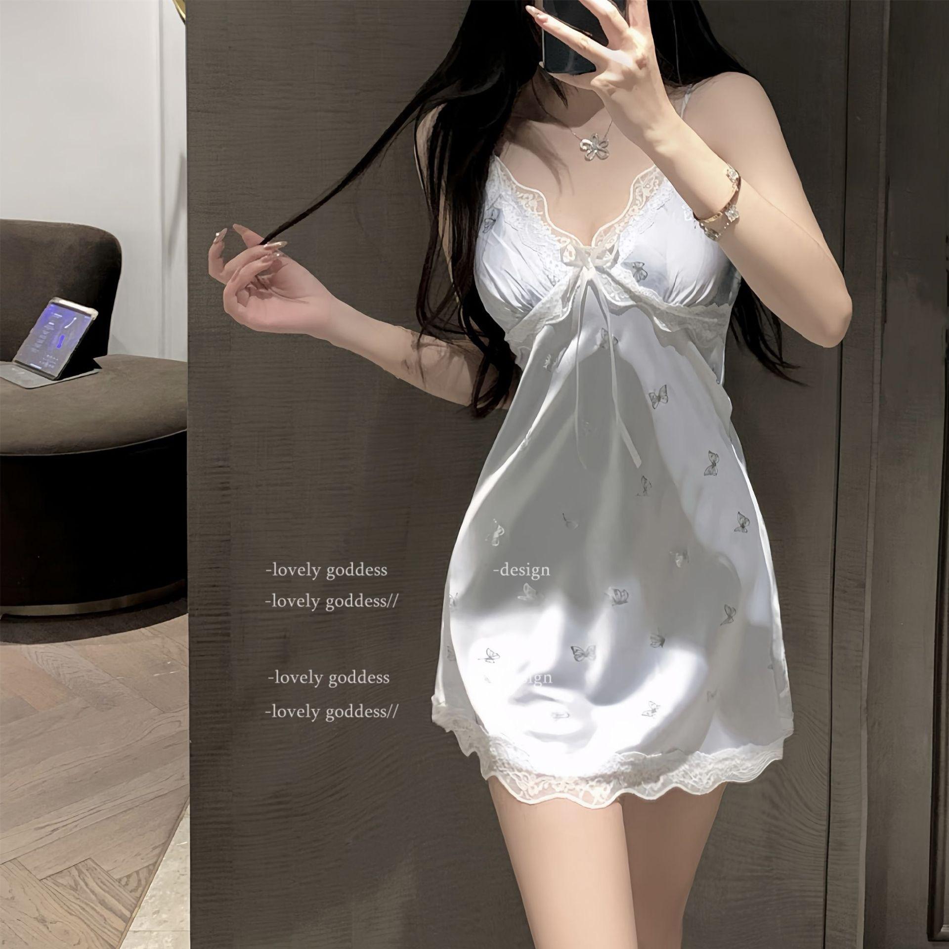 

Sleek Bow Strap Nightgown with Chest Pads - Pure Desire Ice Silk Sleepwear for Women M [90-105 lbs]
