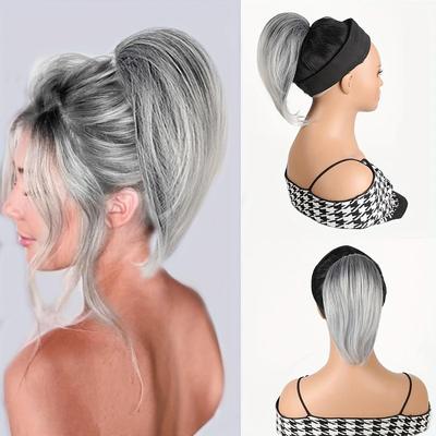 Extensão de rabo de cavalo de cabelo liso para mulheres, rabo de cavalo com cordão de fácil fixação com mistura natural de preto e cinza, faixa elástica ajustável com pente seguro