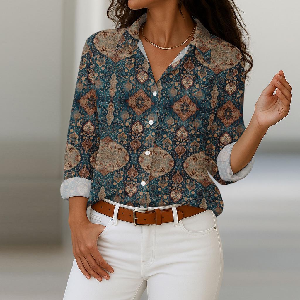 Women's Shirt With Floral Print Buttons, Long Sleeved Casual Regular Shirt  Blouses Casual Plus Size Basic Tops