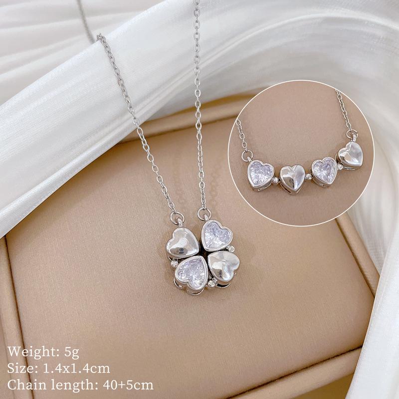 Versatile Titanium Steel Women's Necklace: Heart-to-Heart Two-Way Four-Leaf Clover Clavicle Chain with Full Diamonds