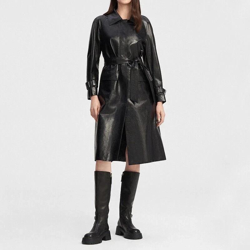 Stylish Trench Coat Black Women s Lambskin Leather Genuine Casual Handmade Fit S